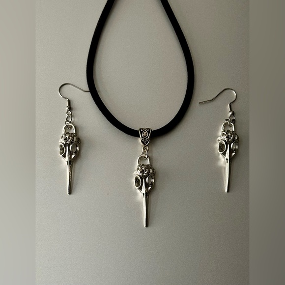 CROW RAVEN BIRD SKULL Pendant Silver Necklace Earrings Set Men Gothic Punk Biker - Picture 3 of 10